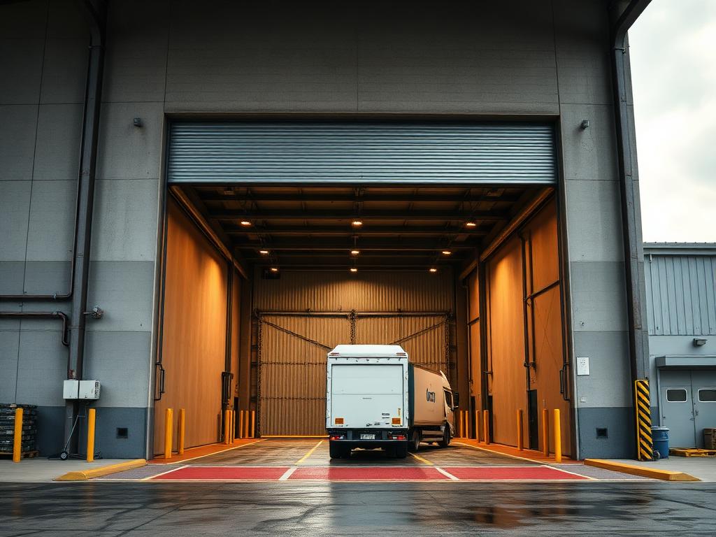 Commercial warehouse loading dock with an industrial rolling steel overhead door