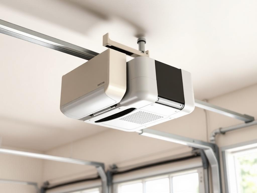 Modern garage door opener motor mounted on a garage ceiling