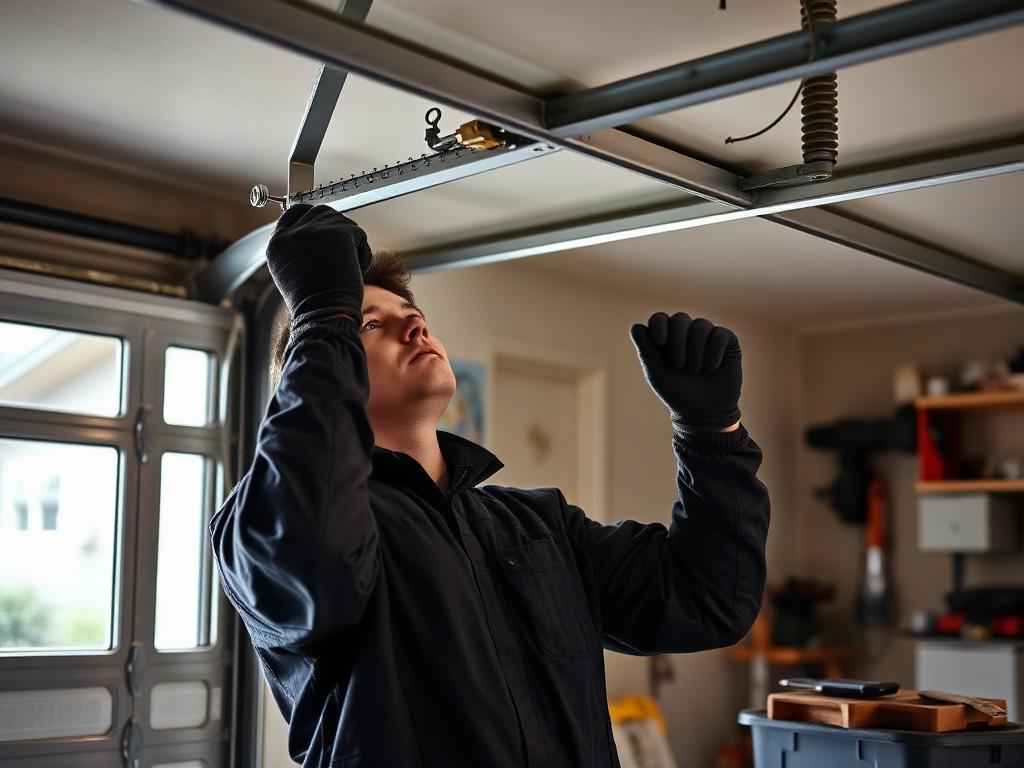 Technician adjusting a garage door torsion spring and track