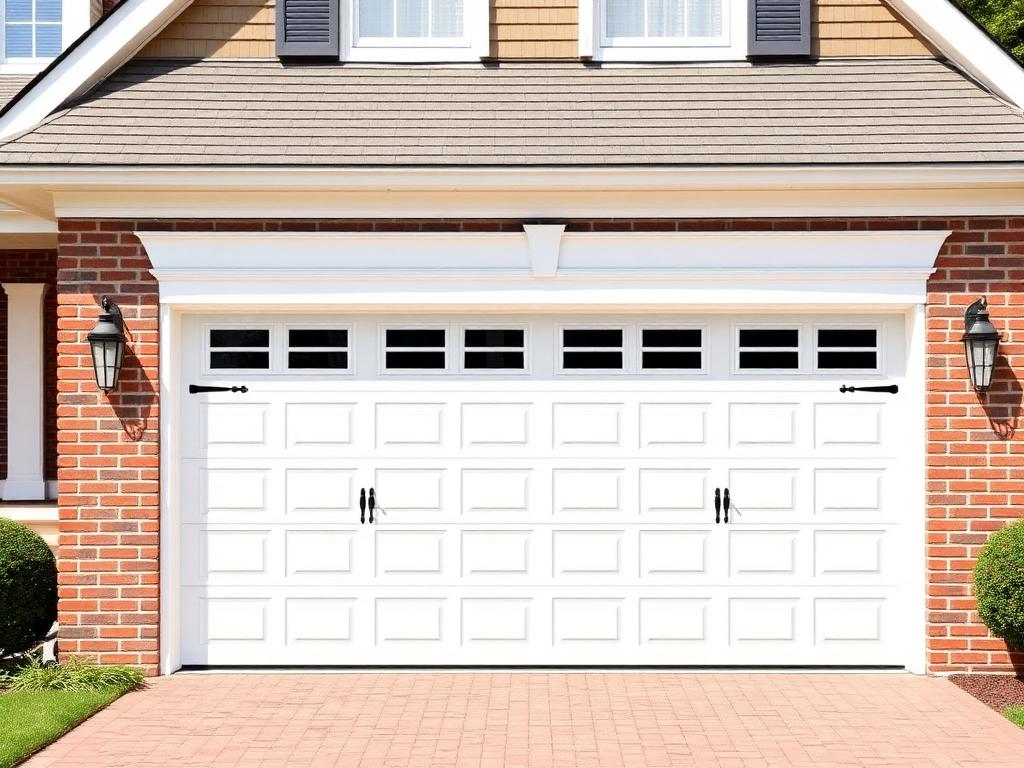White carriage-style residential garage door installed on a brick home