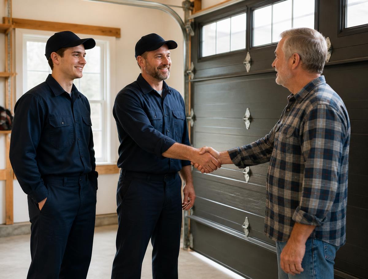 Technicians shaking hands with a homeowner beside a newly installed garage door